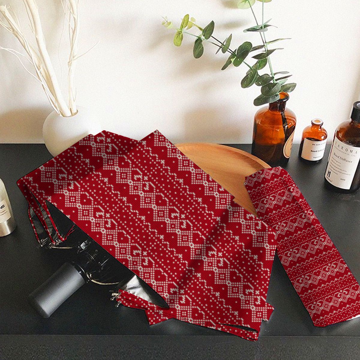 Festive Red And White Scandinavian Knit Pattern Brushed Polyester Umbrella No.57BVUL