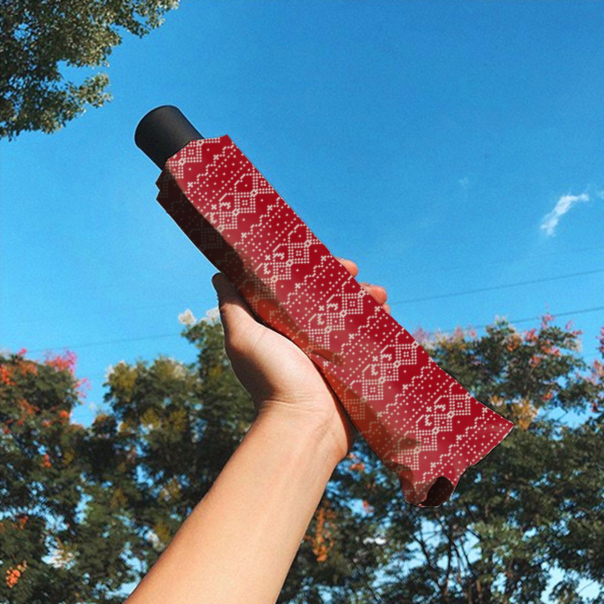 Festive Red And White Scandinavian Knit Pattern Brushed Polyester Umbrella No.57BVUL