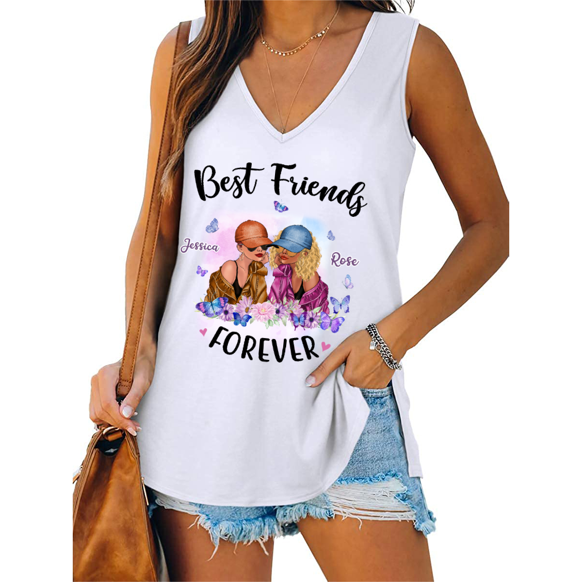 Butterflies Fashion Besties Personalized Women Tank Top V Neck Casual Flowy Sleeveless