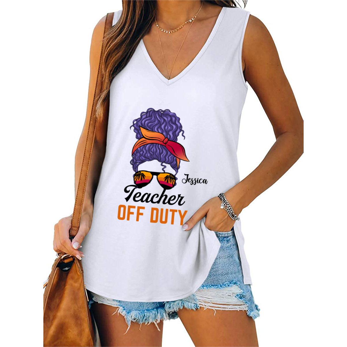 Teacher Off Duty Hair Bun Personalized Women Tank Top V Neck Casual Flowy Sleeveless