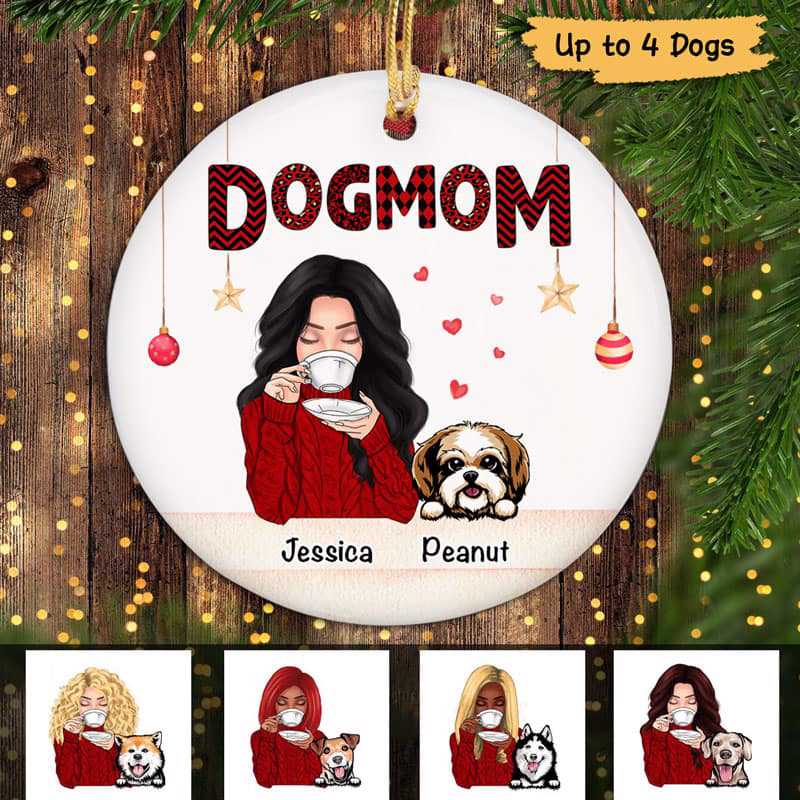 Dog Mom Red Patterned Personalized Circle Ornament