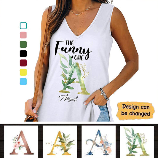 Best Friend Girls Trip Initial Floral Name Personalized Women Tank Top V Neck Casual Flowy Sleeveless