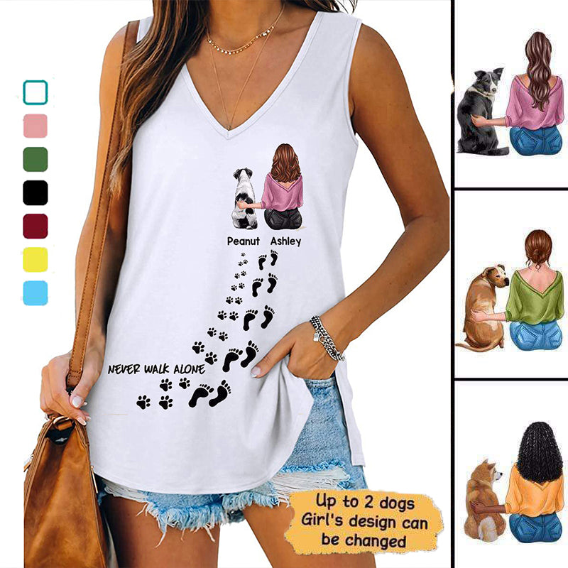 Never Walk Alone Girl And Dogs Personalized Women Tank Top V Neck Casual Flowy Sleeveless