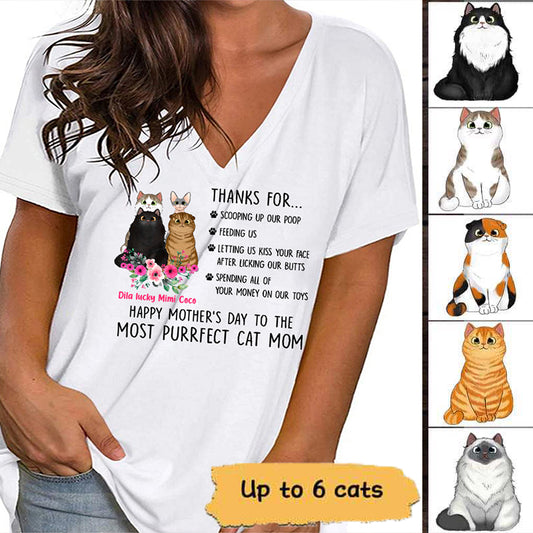 Fluffy Cat Thanks Cat Mom Personalized Womens Short Sleeve Tops V Neck Casual Flowy