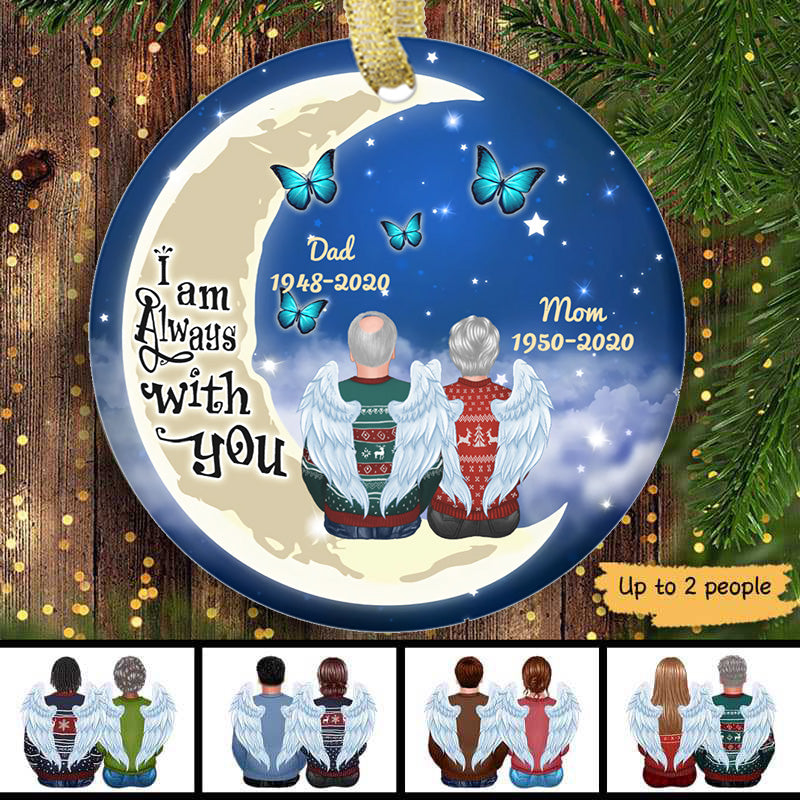 Mom Dad On Moon Butterflies Memorial Personalized Circle Ornament - Always With You
