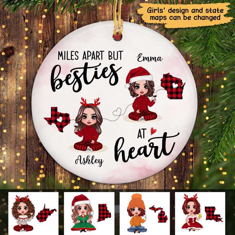 Red Plaid Long Distance Doll Besties Personalized Circle Ornament