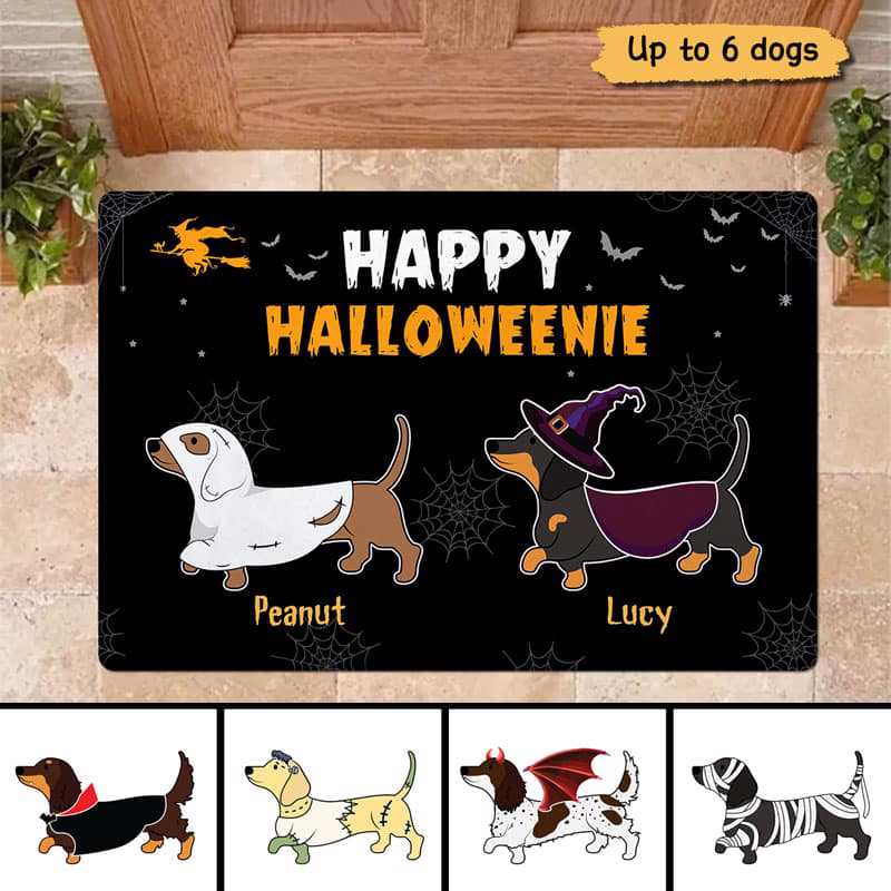 Happy Halloweenie Dachshund Halloween Personalized Doormat