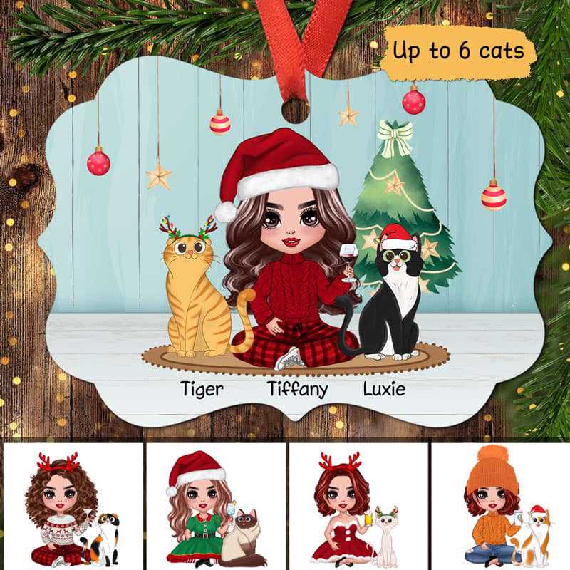 Sitting Cats And Doll Girl Personalized Christmas Ornament