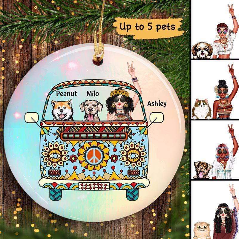 Hippie Bohemian Girl & Dog Cat Personalized Circle Ornament