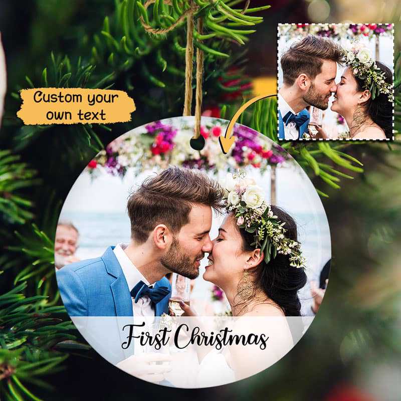 Photo Just Married First Christmas Family Gift Personalized Circle Ornament