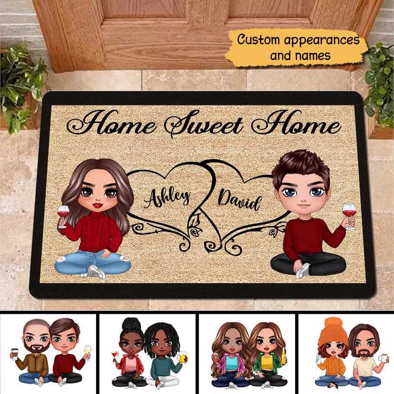 Doll Couple Sitting Home Sweet Home Couple Gift Personalized Doormat