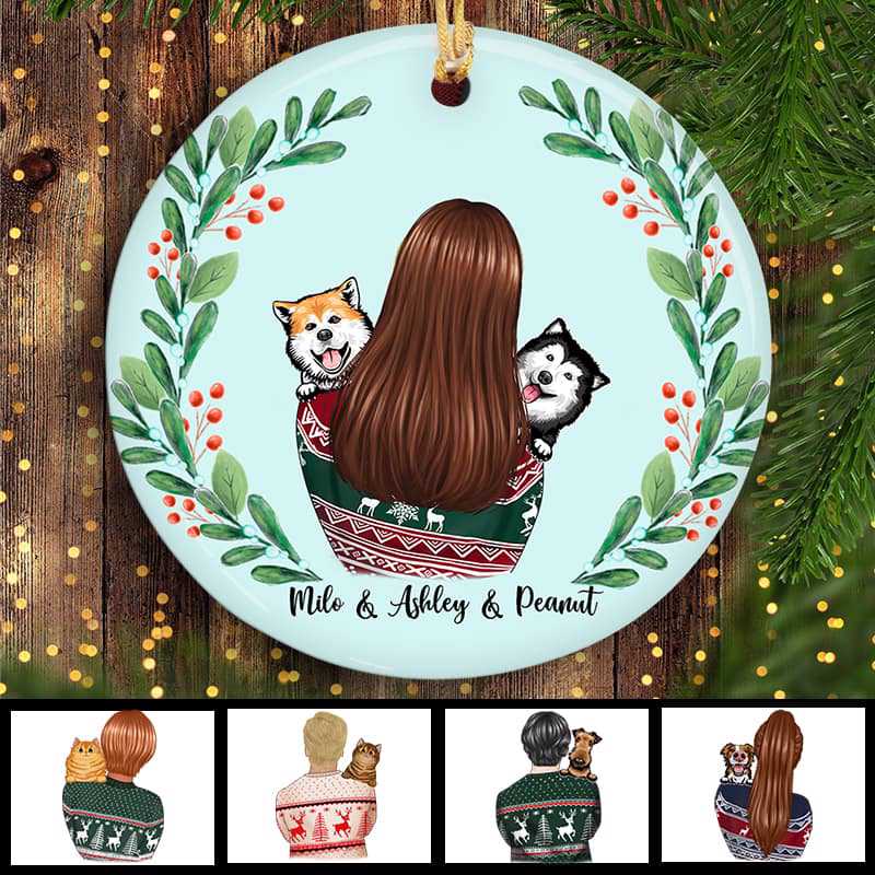 Woman Holding Dog Cat Christmas Personalized Decorative Circle Ornament