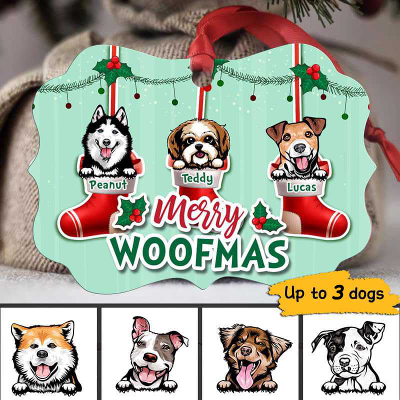 Dogs Merry Woofmas Peeking Dogs Personalized Christmas Ornament