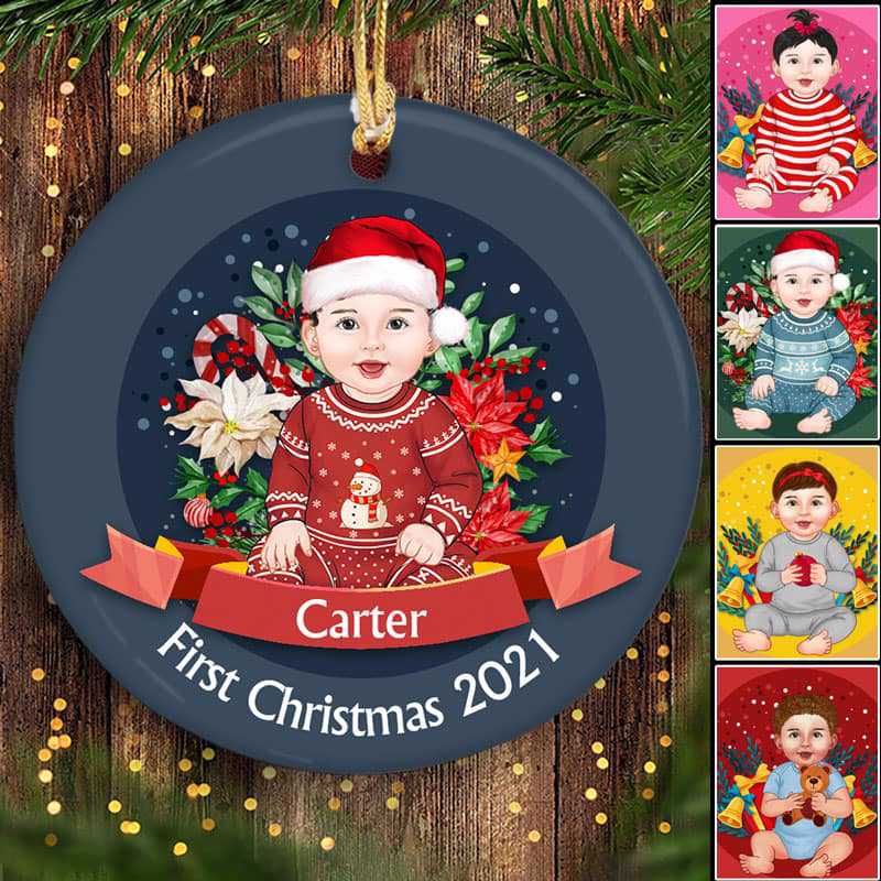 First Christmas Baby Front View Personalized Circle Ornament