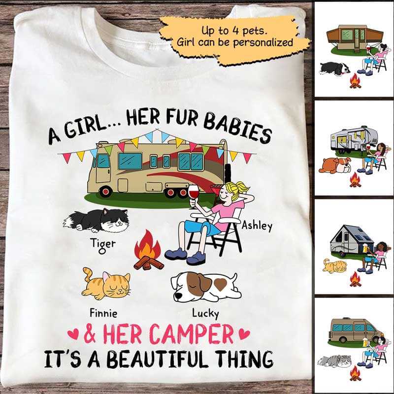 A Camping Girl And Her Fur Babies Personalized Shirt