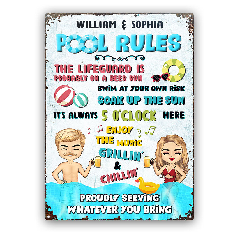Swimming Pool Rules Proudly Serving Whatever You Bring - Personalized Custom Classic Metal Signs