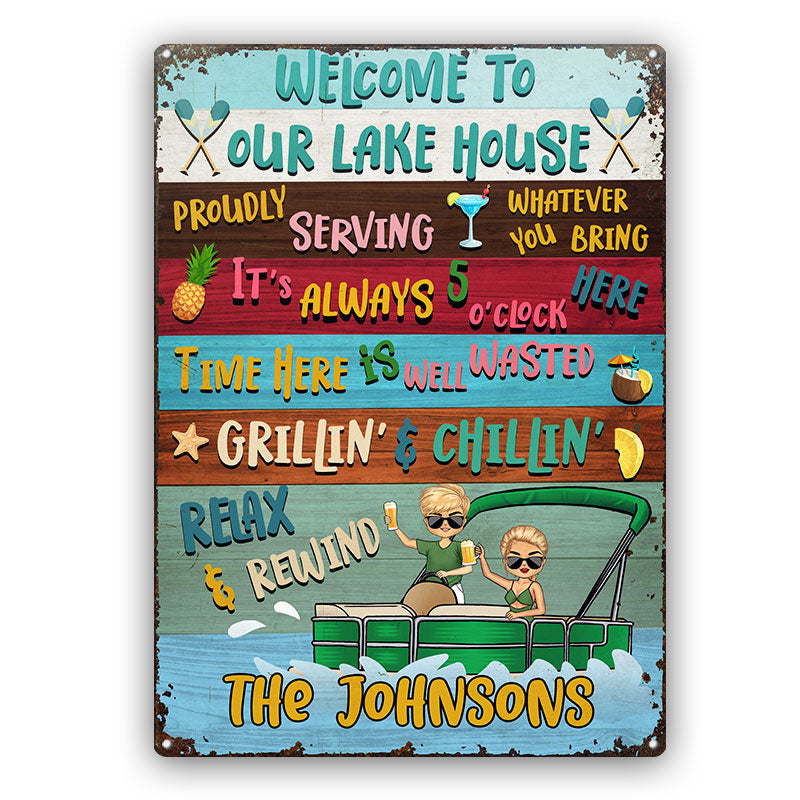 Lake House Pontoon Time Here Is Well Wasted - Personalized Custom Classic Metal Signs