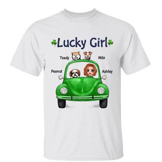 Doll Girl And Dogs In Car Lucky Girl St. Patrick‘s Day Irish Personalized Shirt