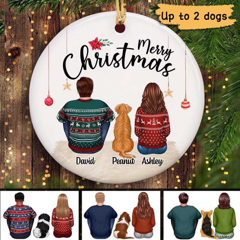 Couple Sitting With Dogs Christmas Personalized Circle Ornament