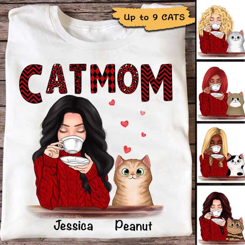 Cat Mom Cute Red Pattern Personalized Shirt