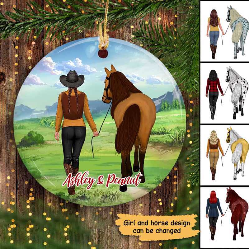 Girl With Horse Back View Personalized Circle Ornament