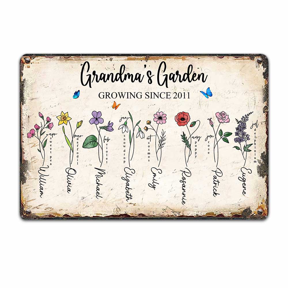 Personalized Mom Grandma Grandkids Garden Metal Sign