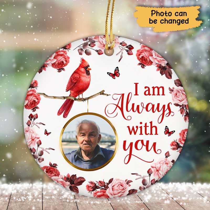 Cardinal Floral Frame Memorial Photo Personalized Circle Ornaments - Always With You