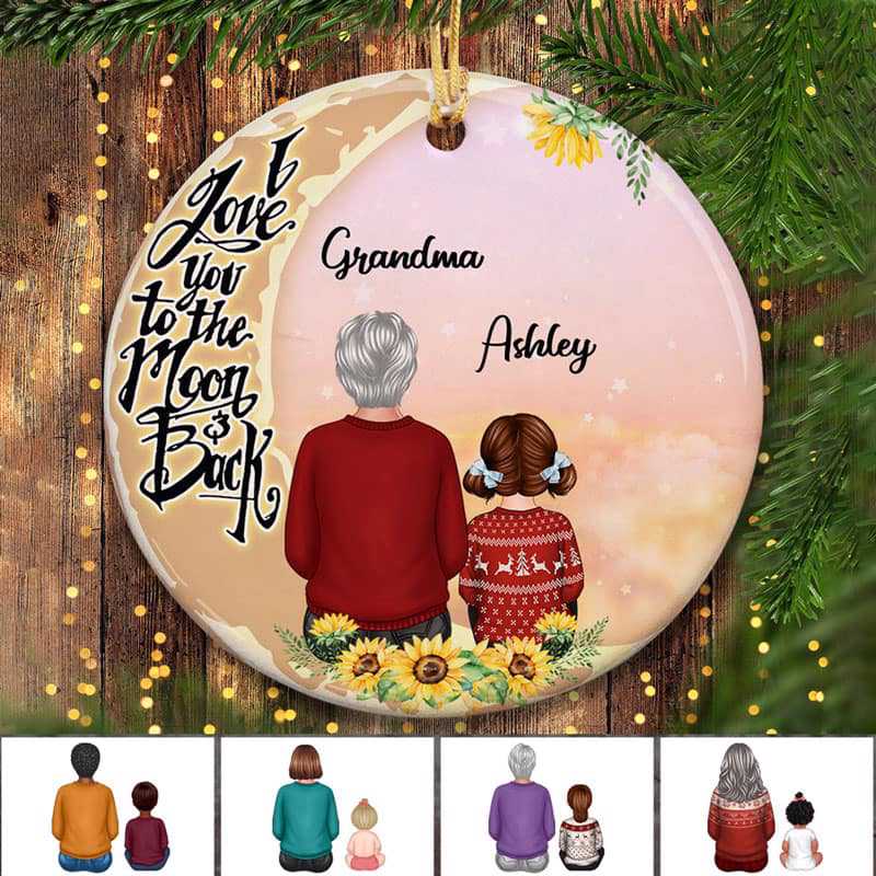 Grandma Grandkids On Moon Sunflower Personalized Circle Ornament