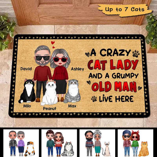 Crazy Cat Lady Old Couple Personalized Doormat