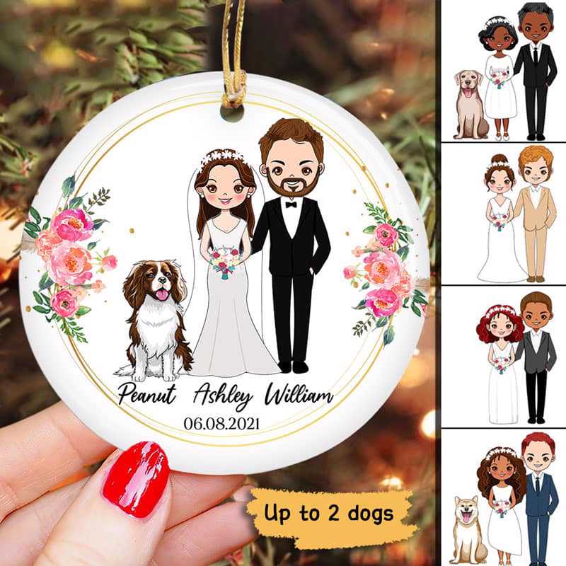Wedding Couple Chibi With Dog Personalized Circle Ornament
