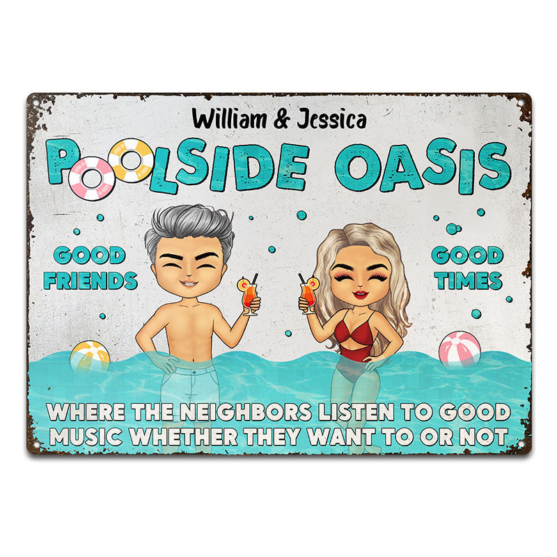 Swimming Poolside Oasis Listen To Good Music - Personalized Custom Classic Metal Signs