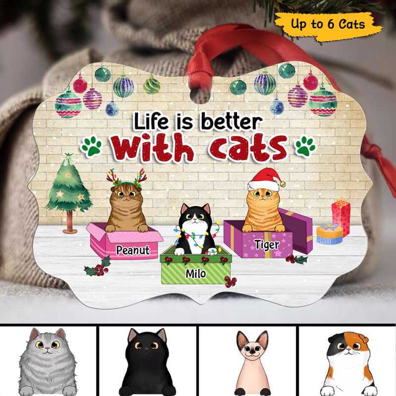 Better With Fluffy Cats Gift Boxes Personalized Christmas Ornament