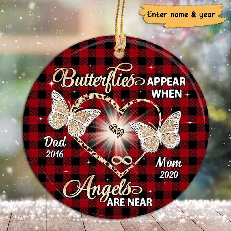 Butterfly Heart Leopard Checkered Memorial Personalized Circle Ornaments