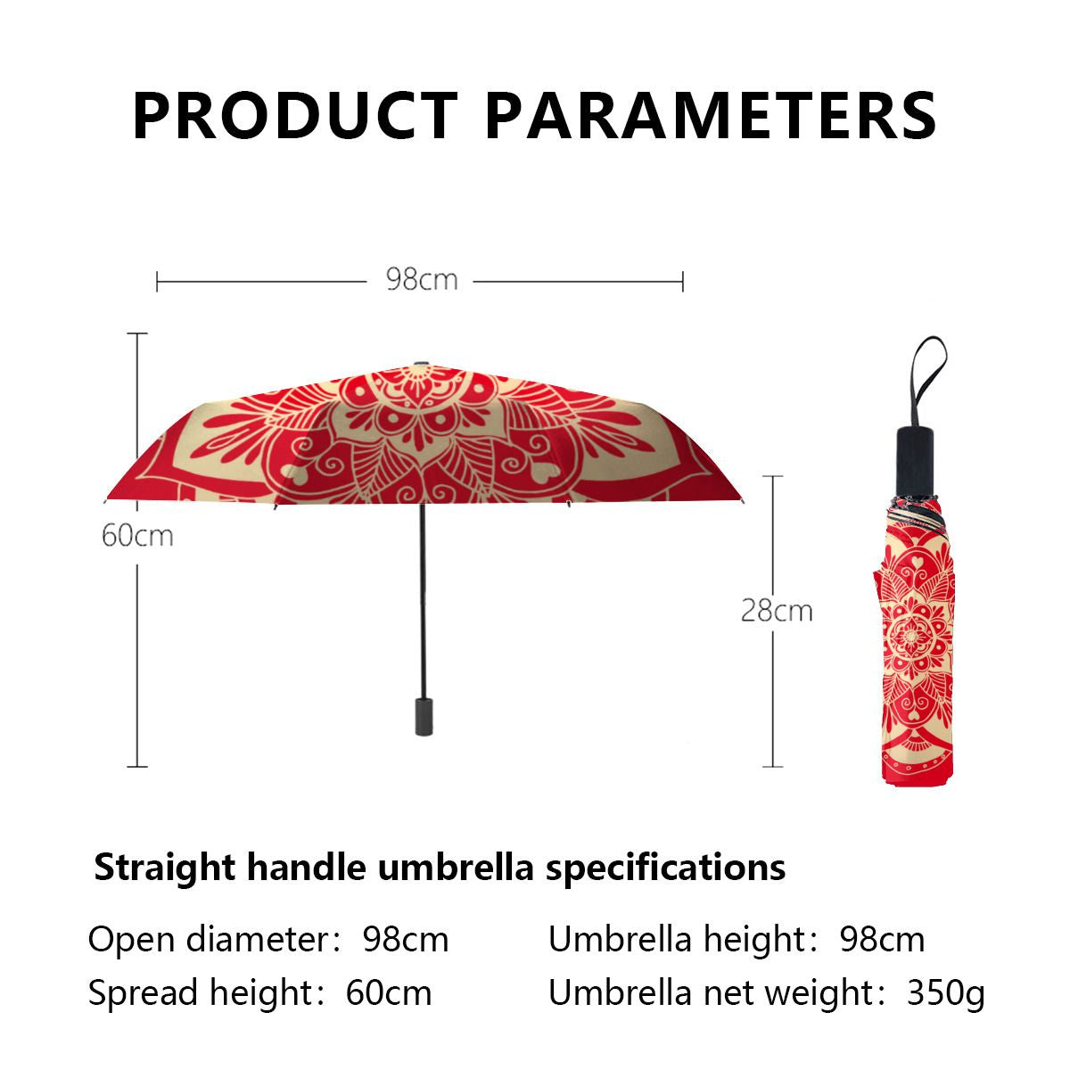 Elegant Red And Gold Mandala Boho Christmas Brushed Polyester Umbrella No.672YU4