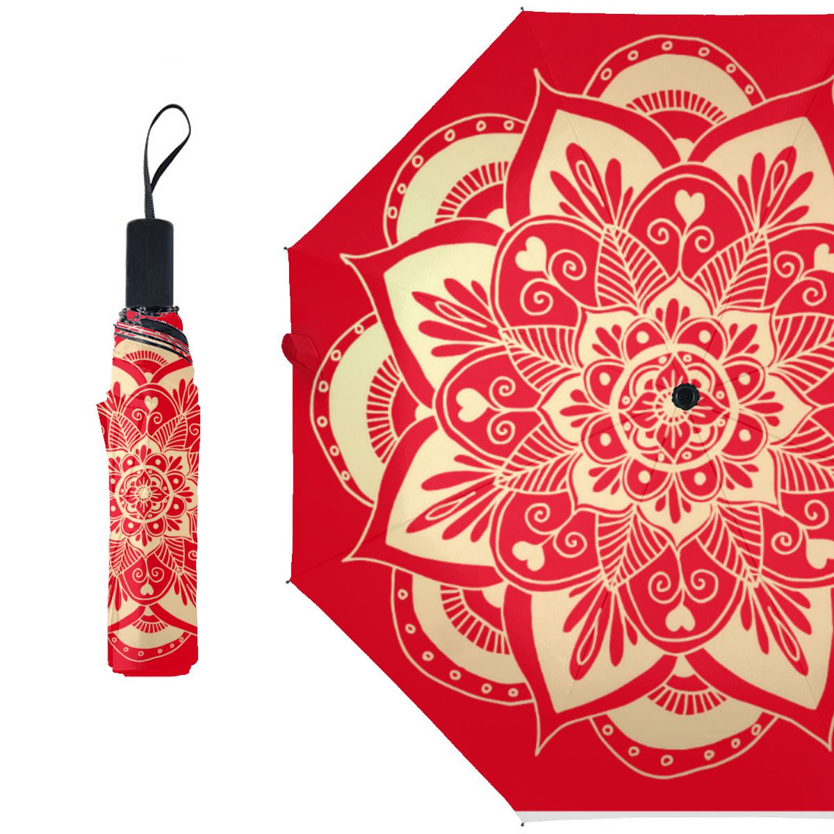 Elegant Red And Gold Mandala Boho Christmas Brushed Polyester Umbrella No.672YU4