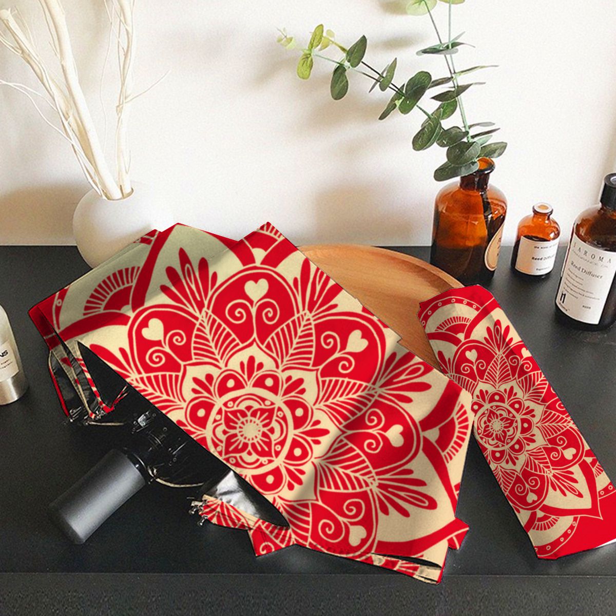 Elegant Red And Gold Mandala Boho Christmas Brushed Polyester Umbrella No.672YU4