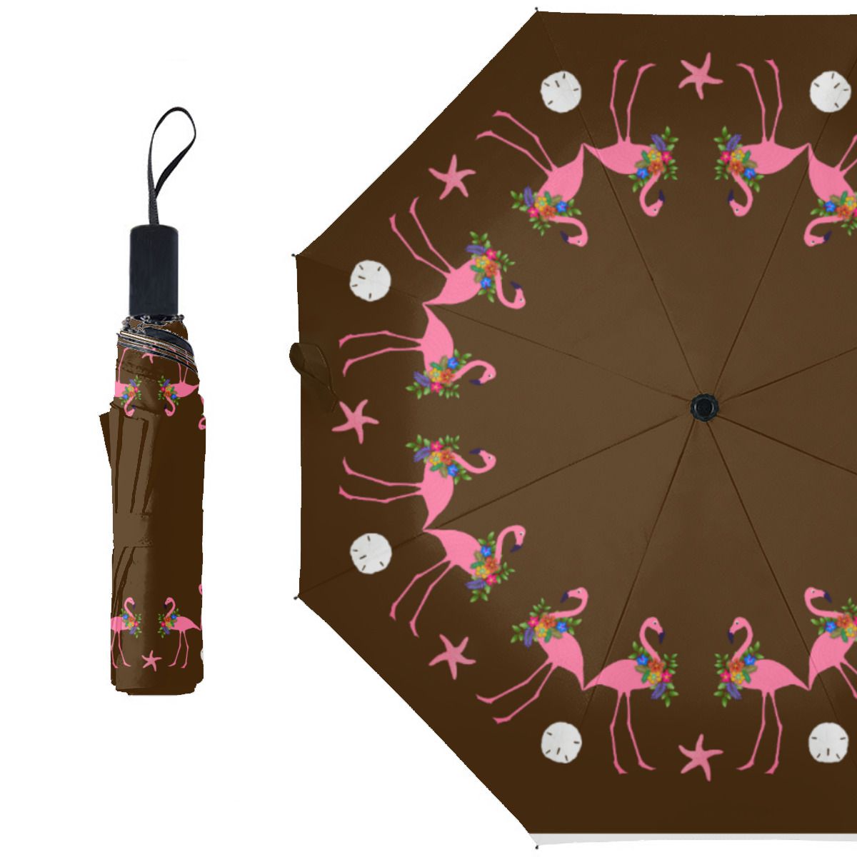Tropical Flamingos All Around Brown Christmas Brushed Polyester Umbrella No.6P7QCV
