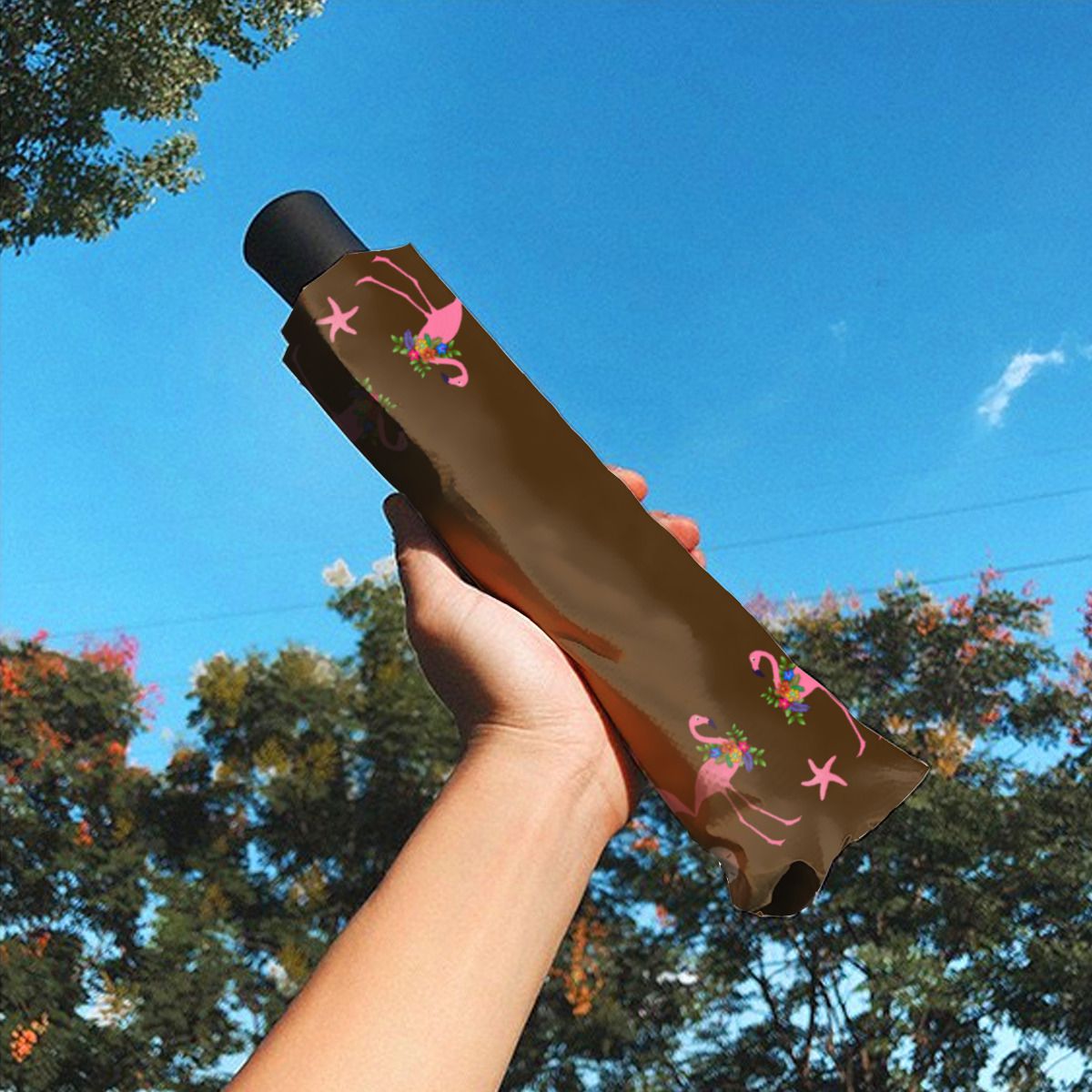 Tropical Flamingos All Around Brown Christmas Brushed Polyester Umbrella No.6P7QCV