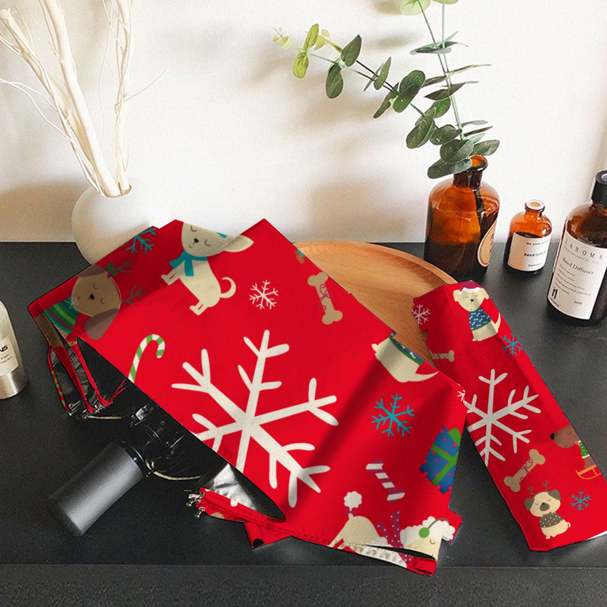 Cute Christmas Dogs Snowflakes Pattern Red Brushed Polyester Umbrella No.6TF69G