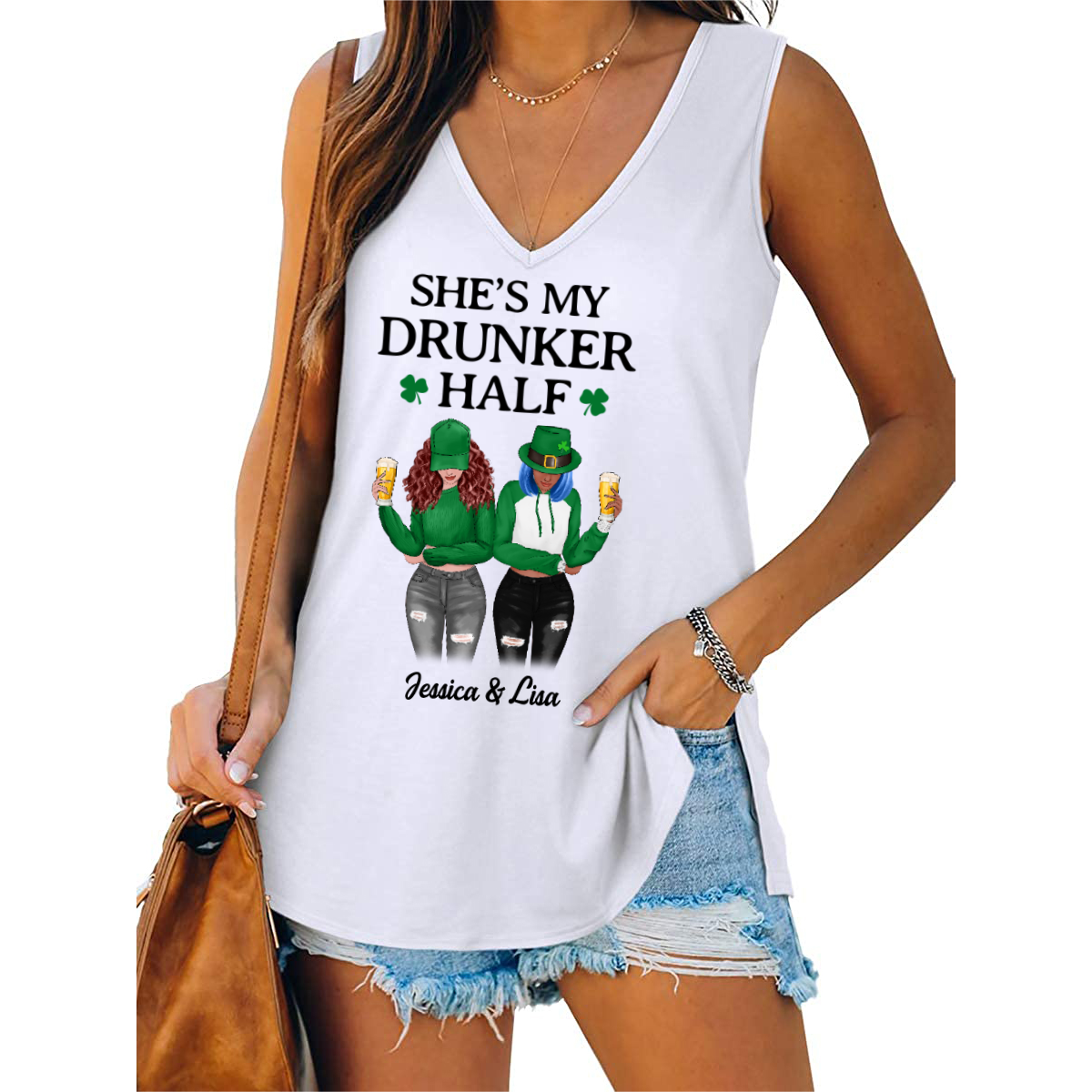 She Is My Drunker Half Best Friends Personalized Women Tank Top V Neck Casual Flowy Sleeveless