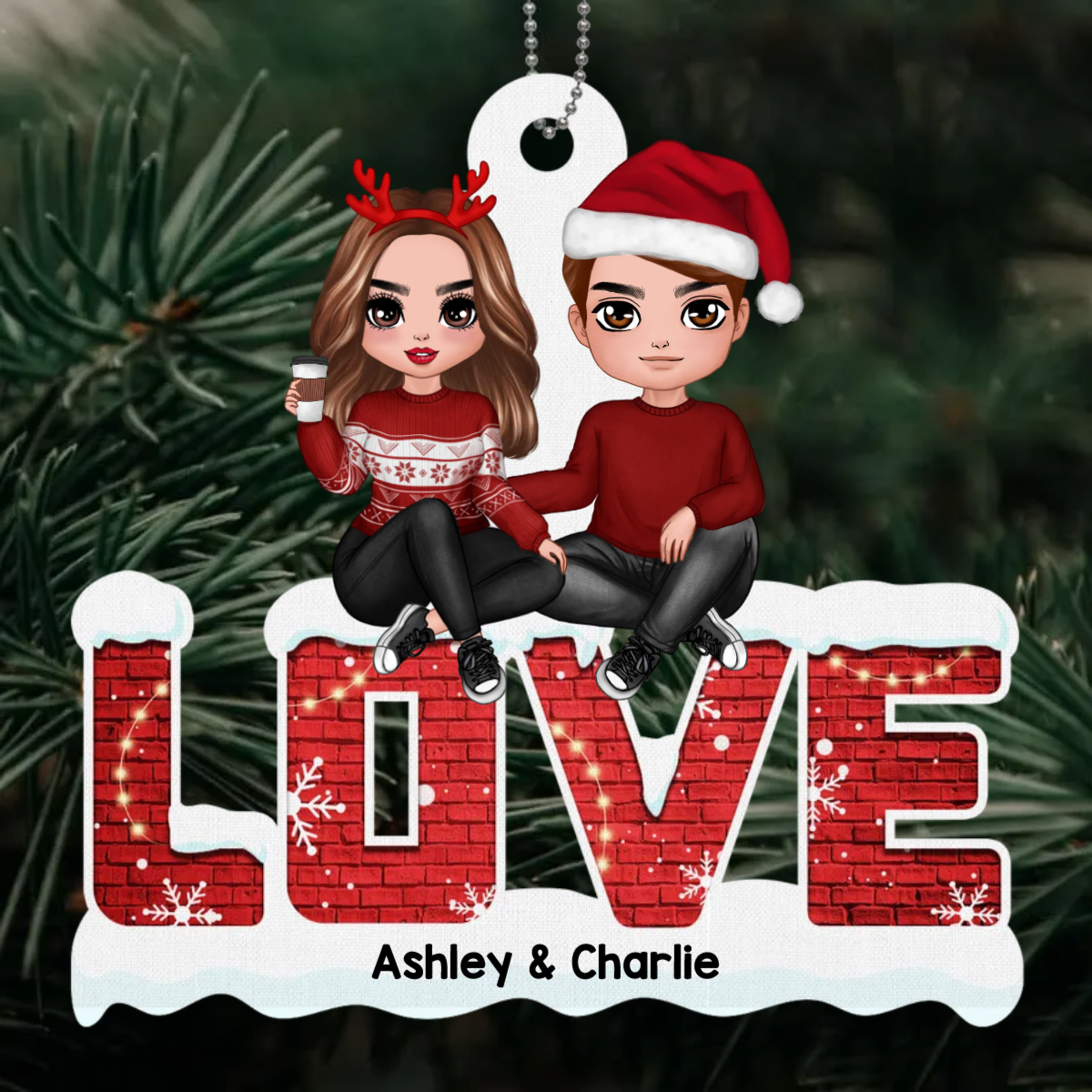 Doll Christmas Couple Sitting On LOVE Personalized Metal Ornament