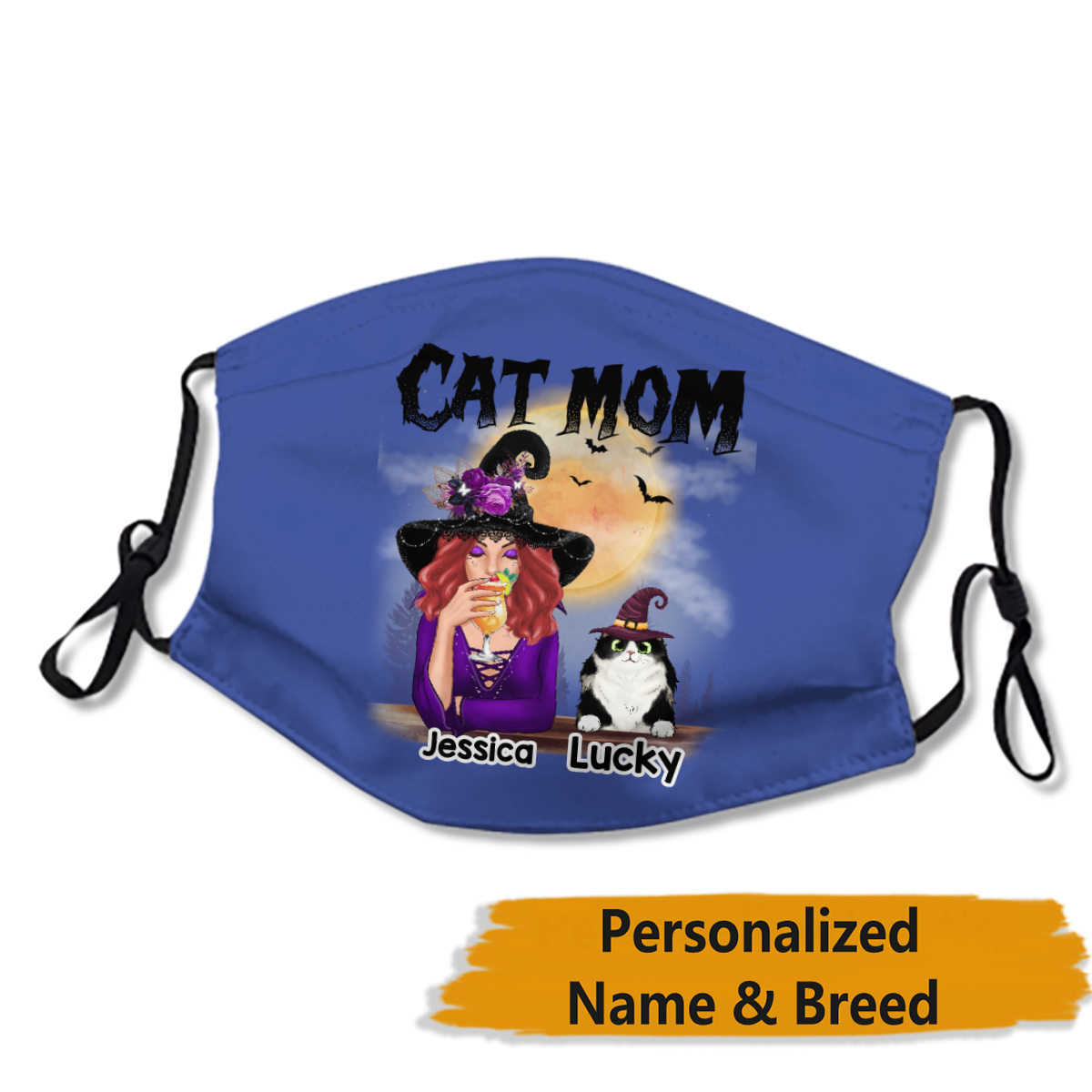 Halloween Witch Cat Mom Personalized Name Face Mask