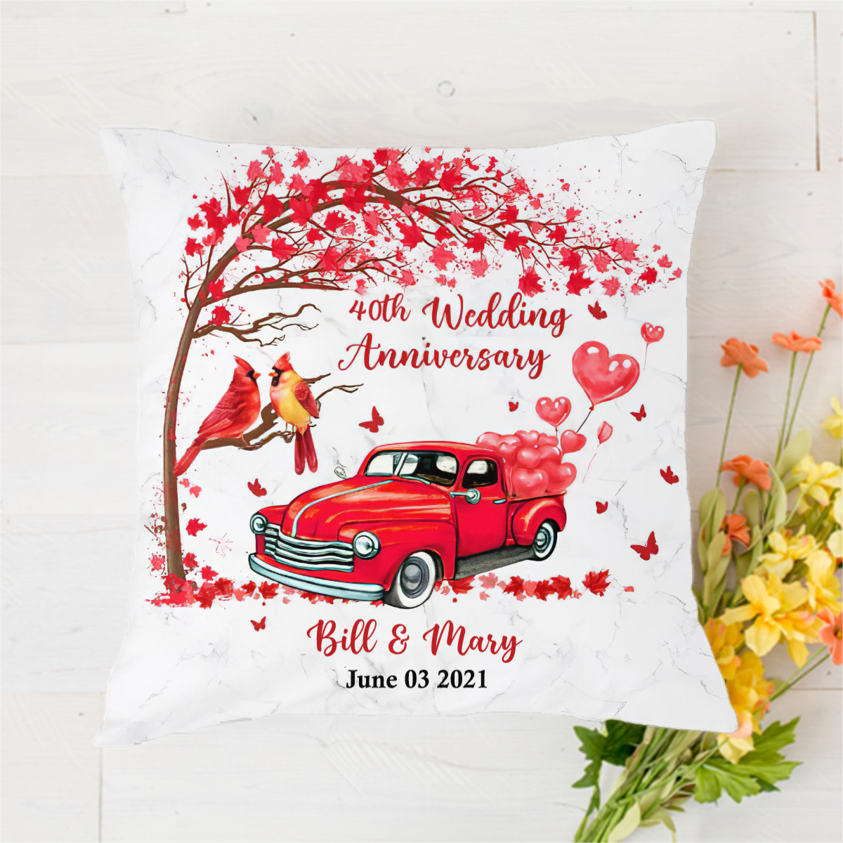 Couple Cardinal Wedding Anniversary Personalized Polyester Linen Pillow