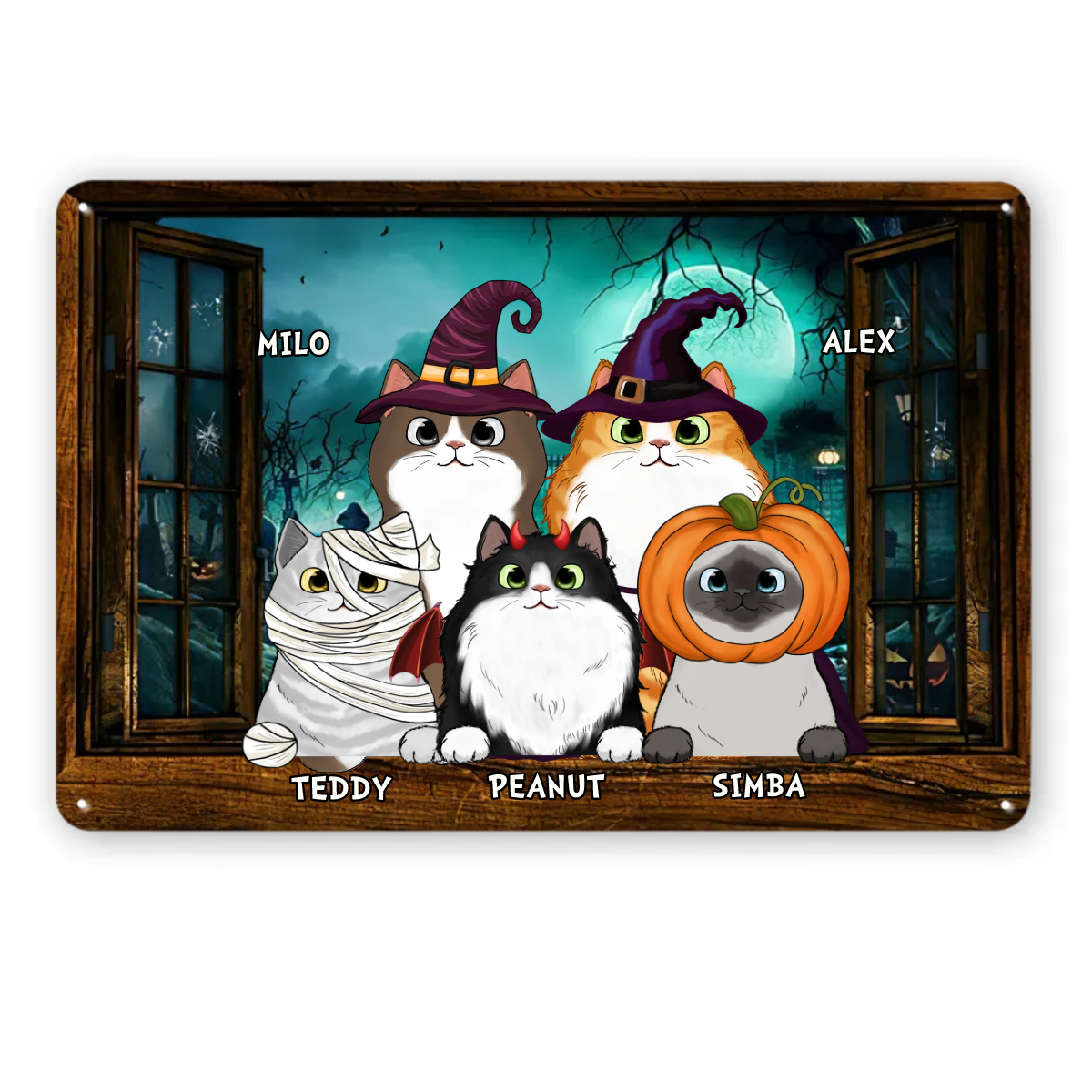 Halloween Fluffy Cats Opened Window Personalized Metal Signs