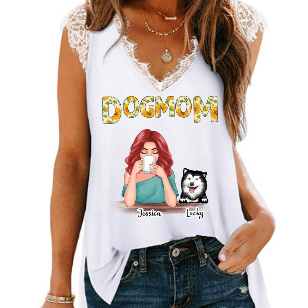 Sunflower Beautiful Woman Dog Mom Personalized Women Tank Top V Neck Lace