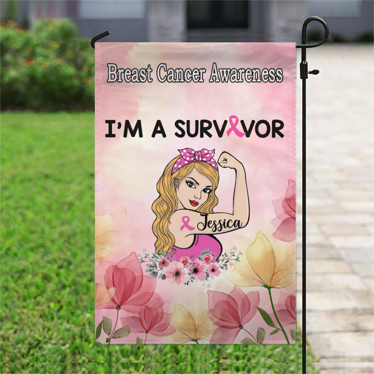 Breast Cancer Survivor Strong Woman Personalized Name Garden Flag