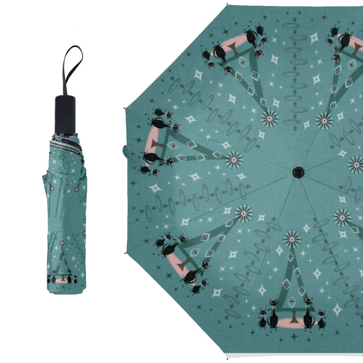 Mid Century Cat Family Holiday Brushed Polyester Umbrella No.7OLYE3