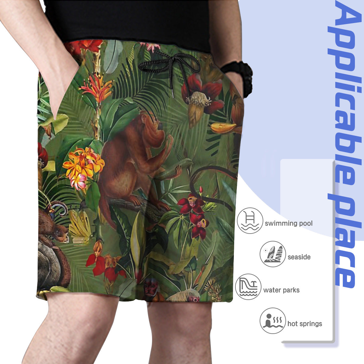 Tropical Monkey Jungle Pattern - Dark Green Graphic Men's Swim Trunks No.7XHZRY
