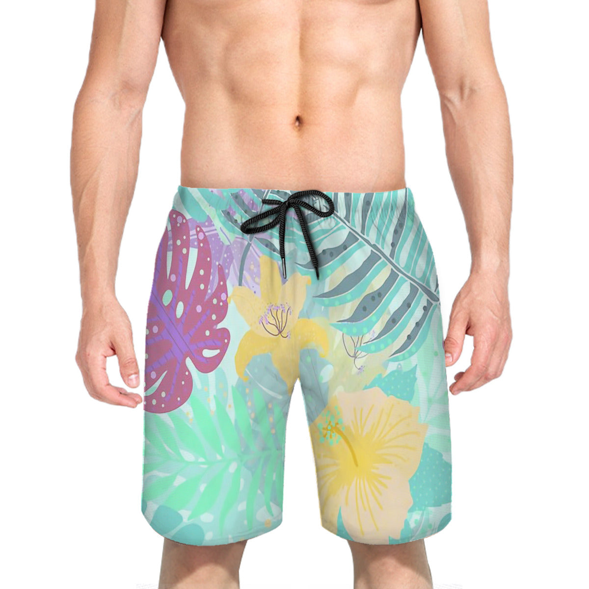 Turquoise Teal Abstract Aloha Tropical Foliage Pattern Graphic Men's Swim Trunks No.CGM6Y3