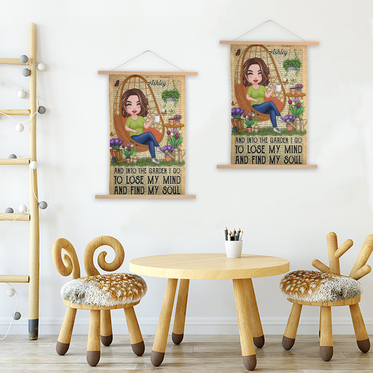 Doll Girl Goes Into The Garden Personalized Wooden Poster Hanger